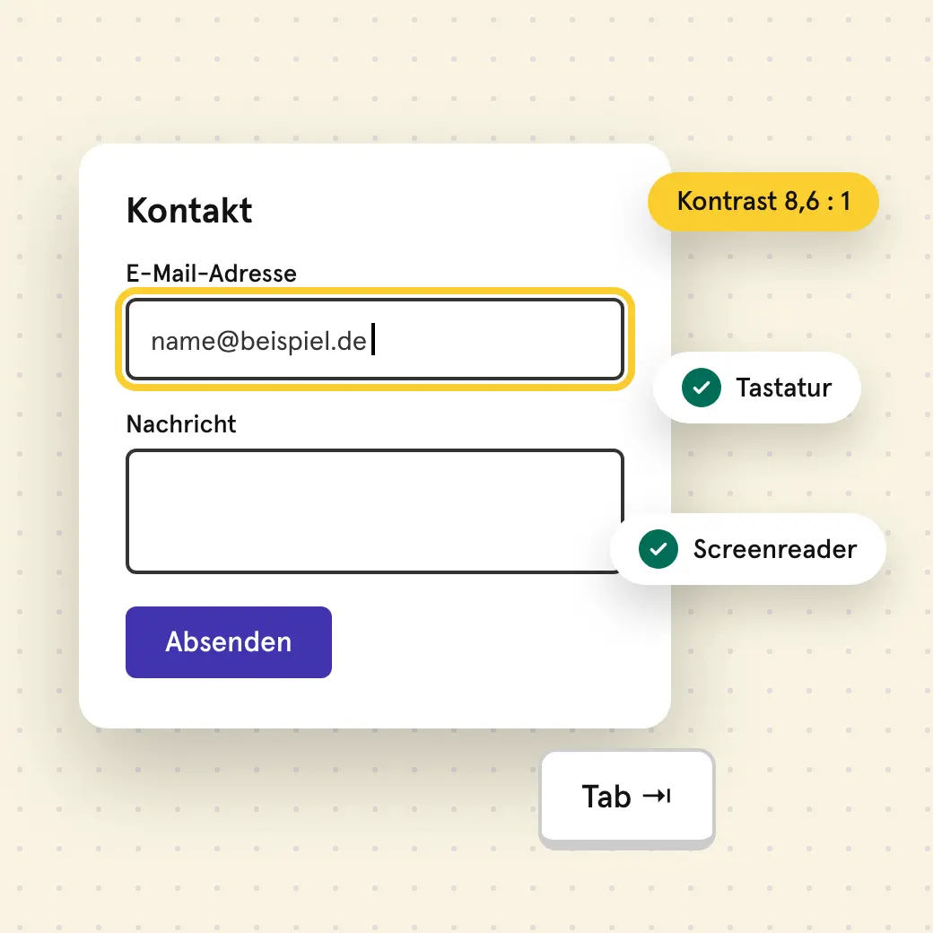 Illustration: Kontaktformular mit sichtbarem Tastaturfokus, ausreichendem Kontrast und Screenreader-Unterstützung