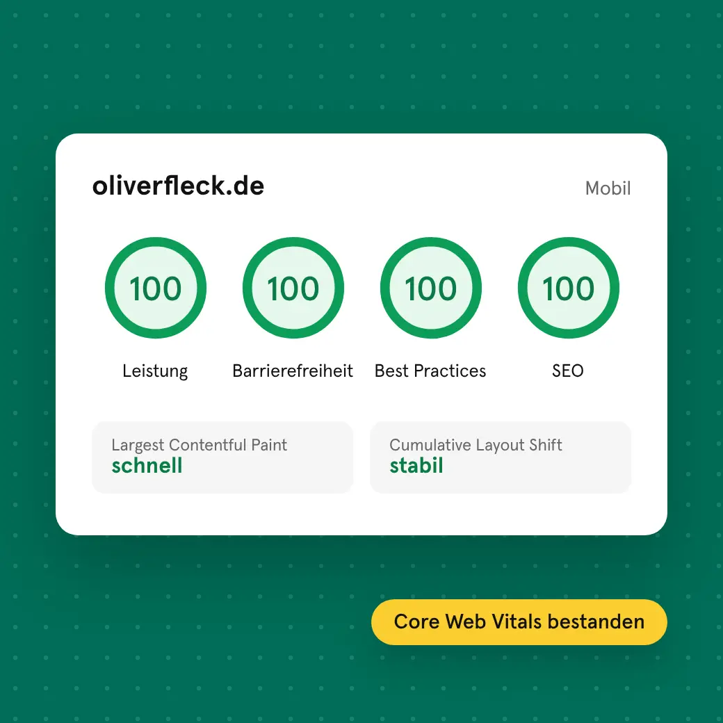 Lighthouse-Bericht für oliverfleck.de mit 100 Punkten in allen vier Kategorien
