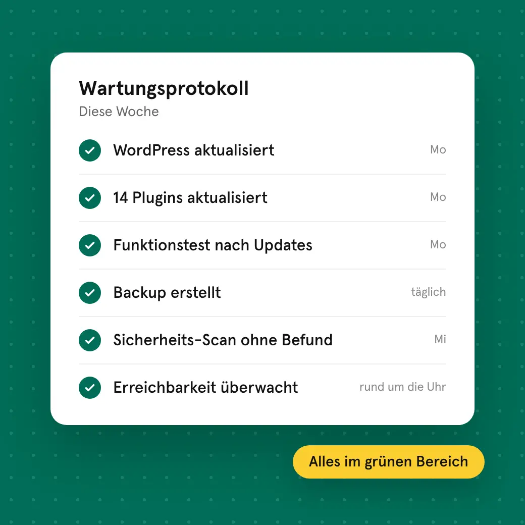 Illustration: Wartungsprotokoll mit erledigten Updates, Backups und Sicherheits-Scan